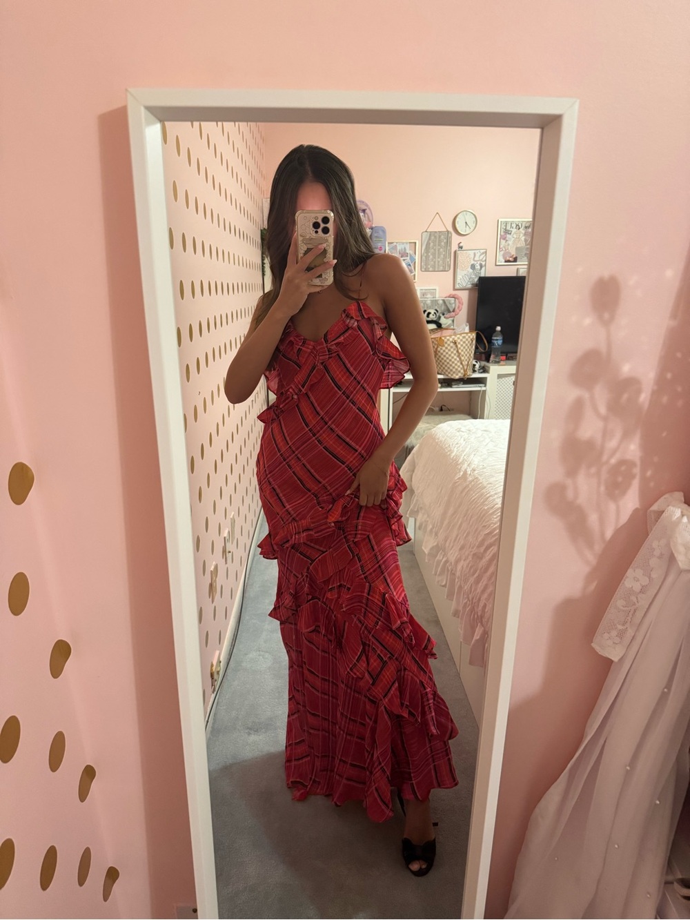 LoveShackFancy Red Plaid Ruffle Maxi Dress